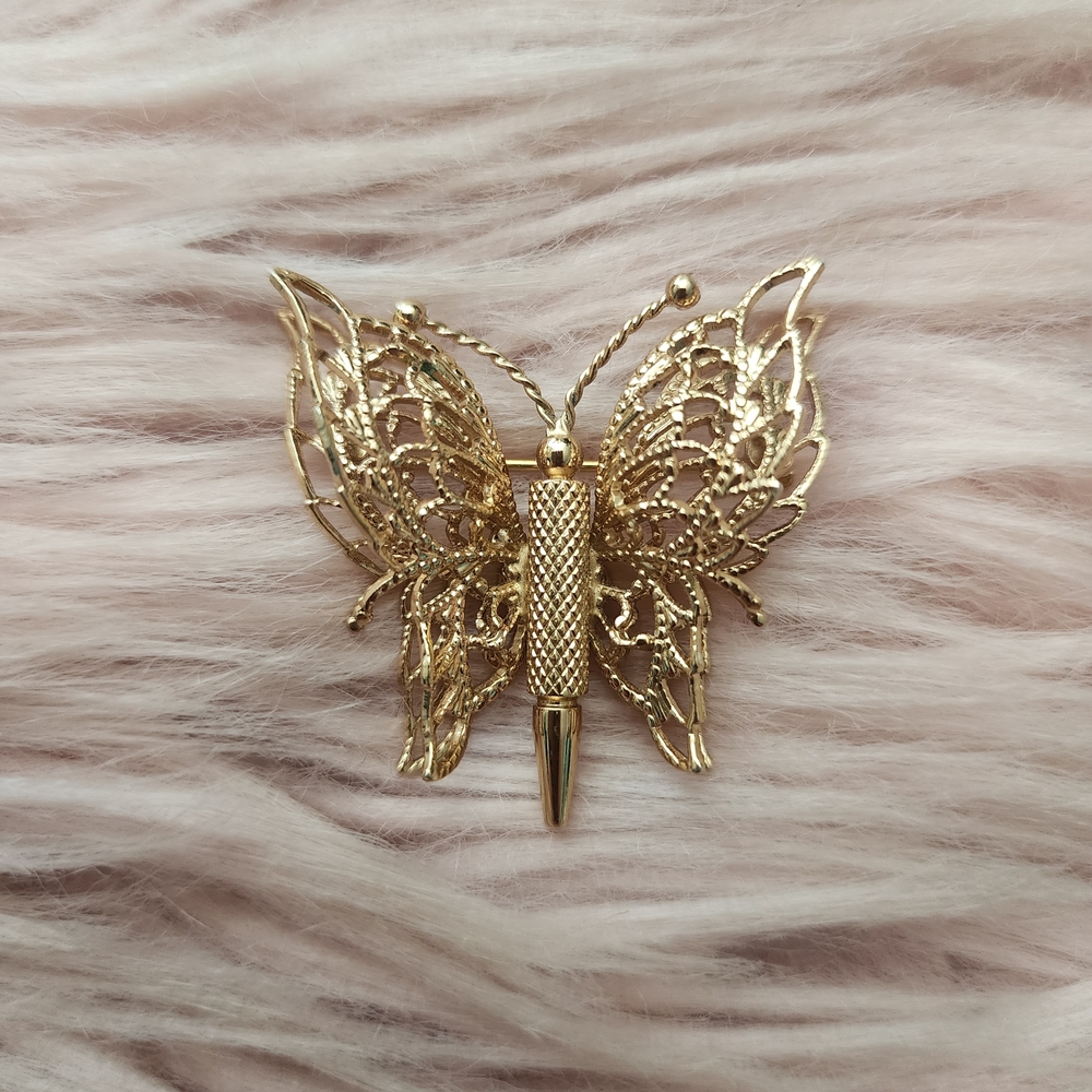 Monet Filigree Butterfly Brooch Gold Tone Double 3D Layered Wings Vintage